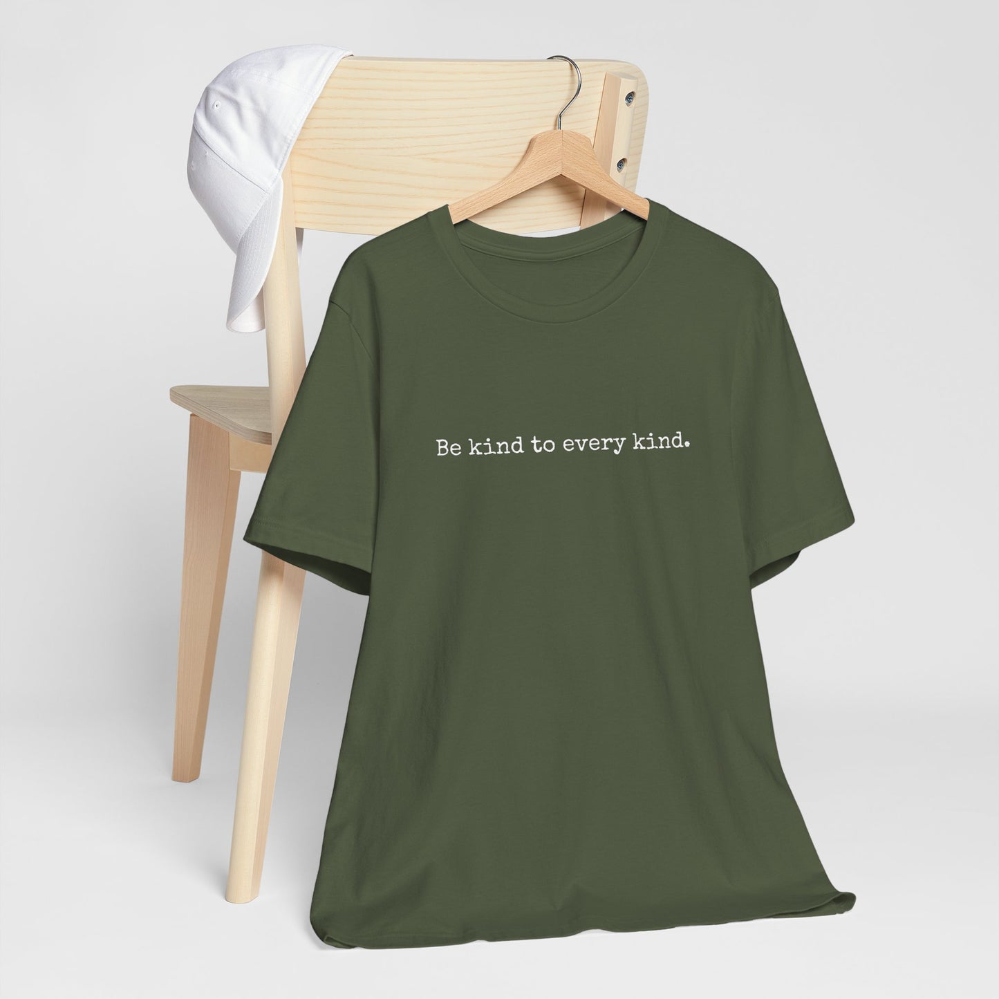 Be kind to every kind khaki green minimalist vegan tee shirt