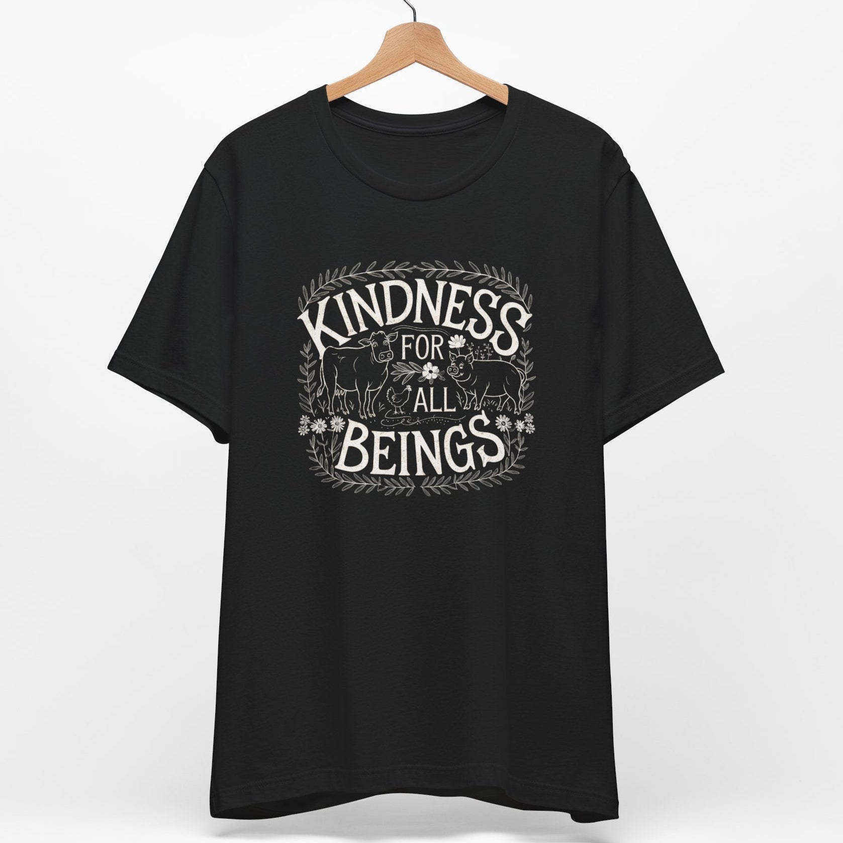 Kindness for all beings black vegan t shirt with farm animals graphic