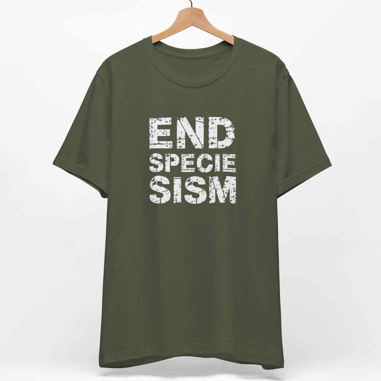 Khaki green animal rights t shirt with the slogan End Speciesism