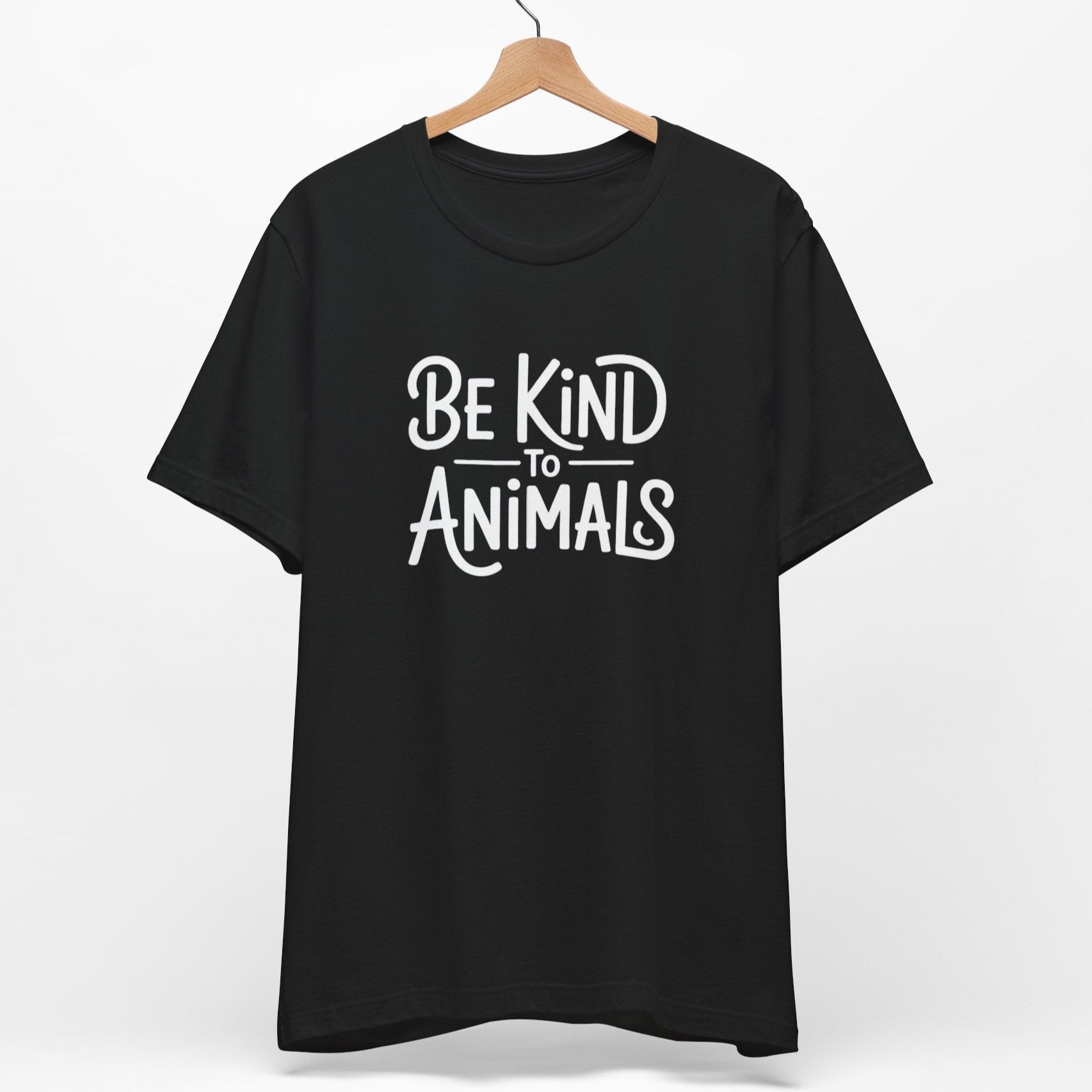Black t shirt with the slogan 'be kind to animals', for vegans, animal lovers  and animal rights advocates.