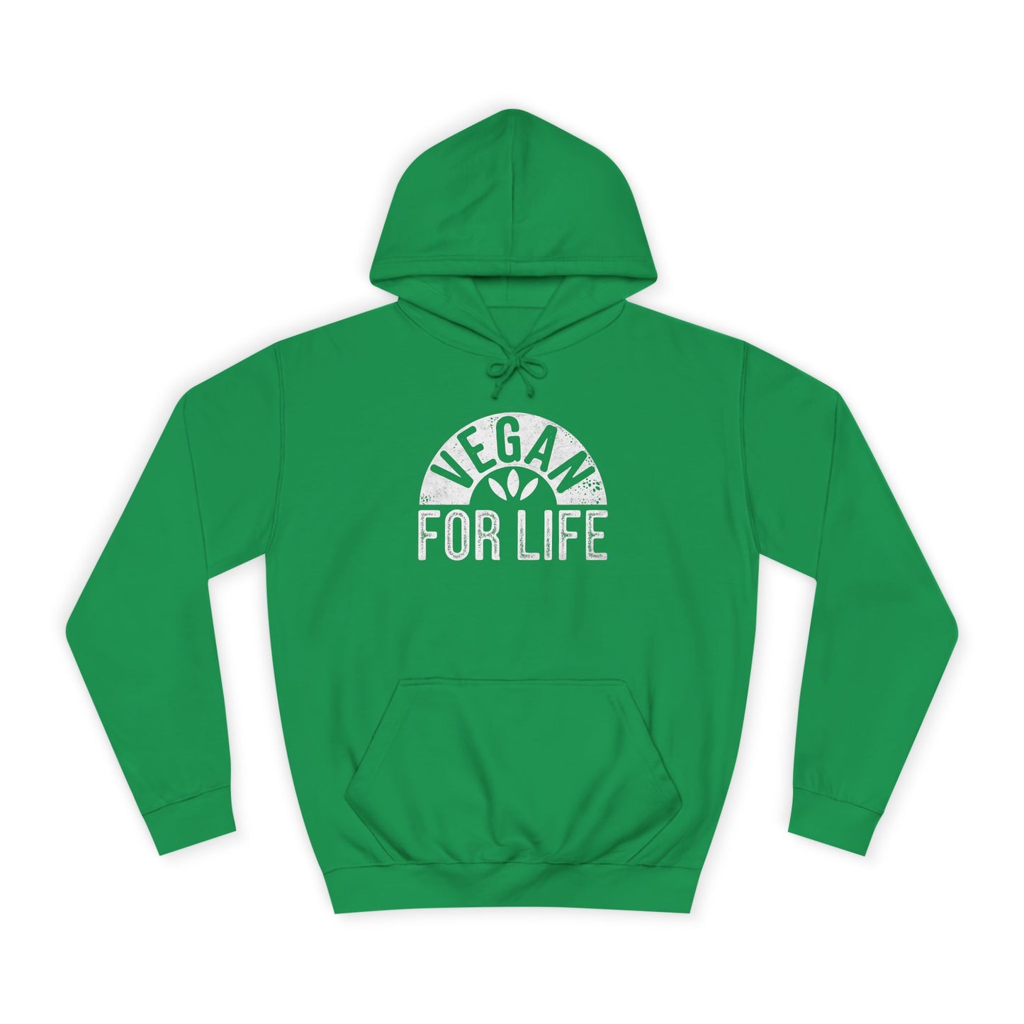 Green hoodie with Vegan For Life distressed slogan on the front