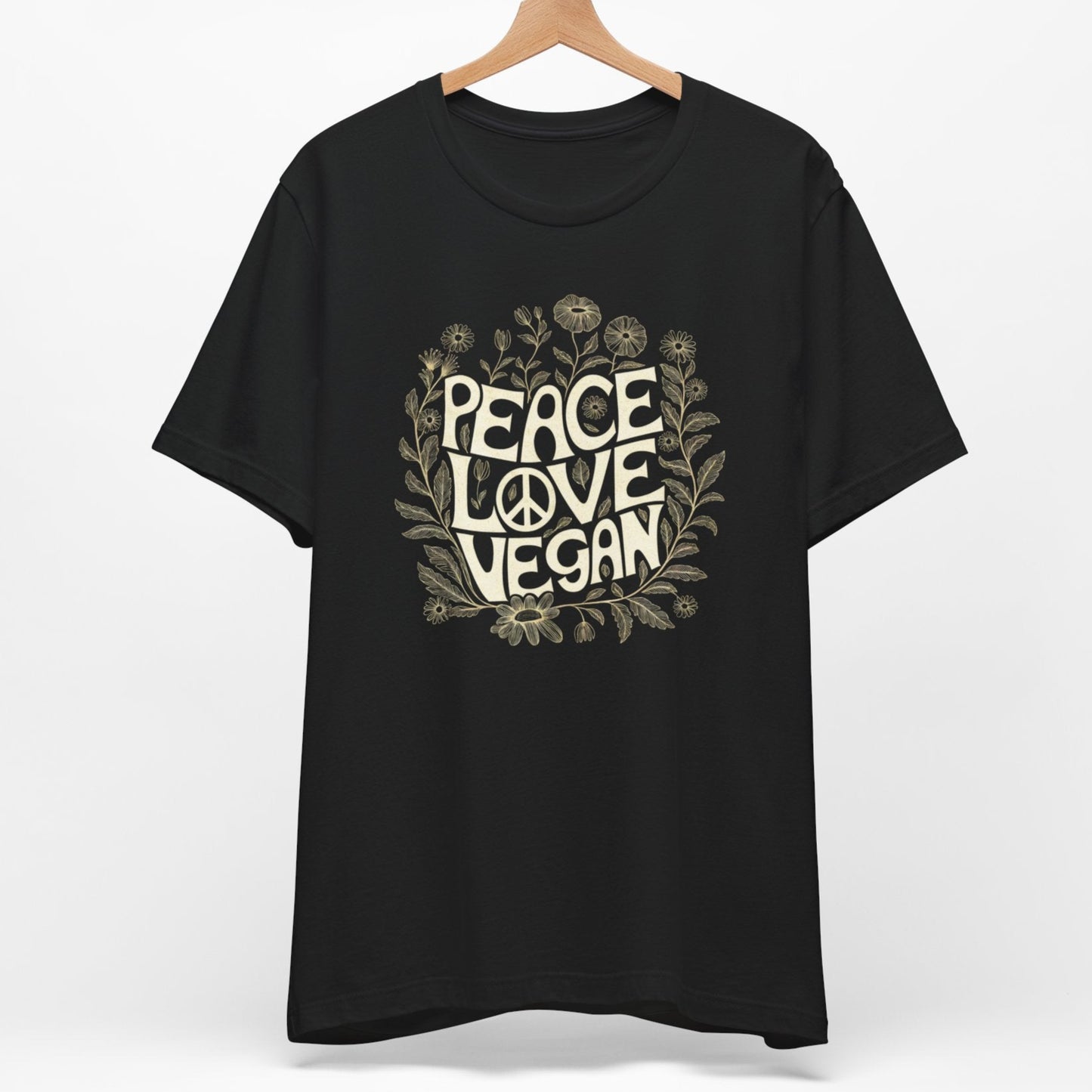 Peace love vegan black t shirt with flowers and peace sign.