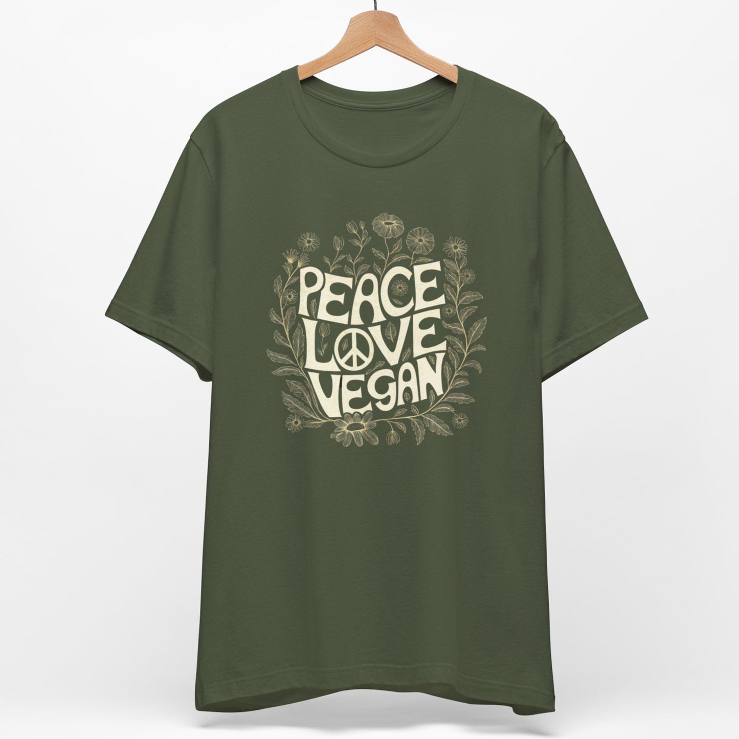 Peace love vegan khaki green vegan t shirt