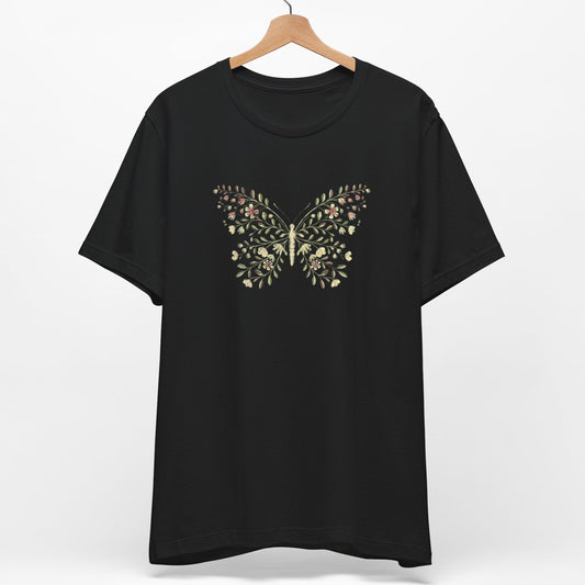 Black botanical butterfly t-shirt