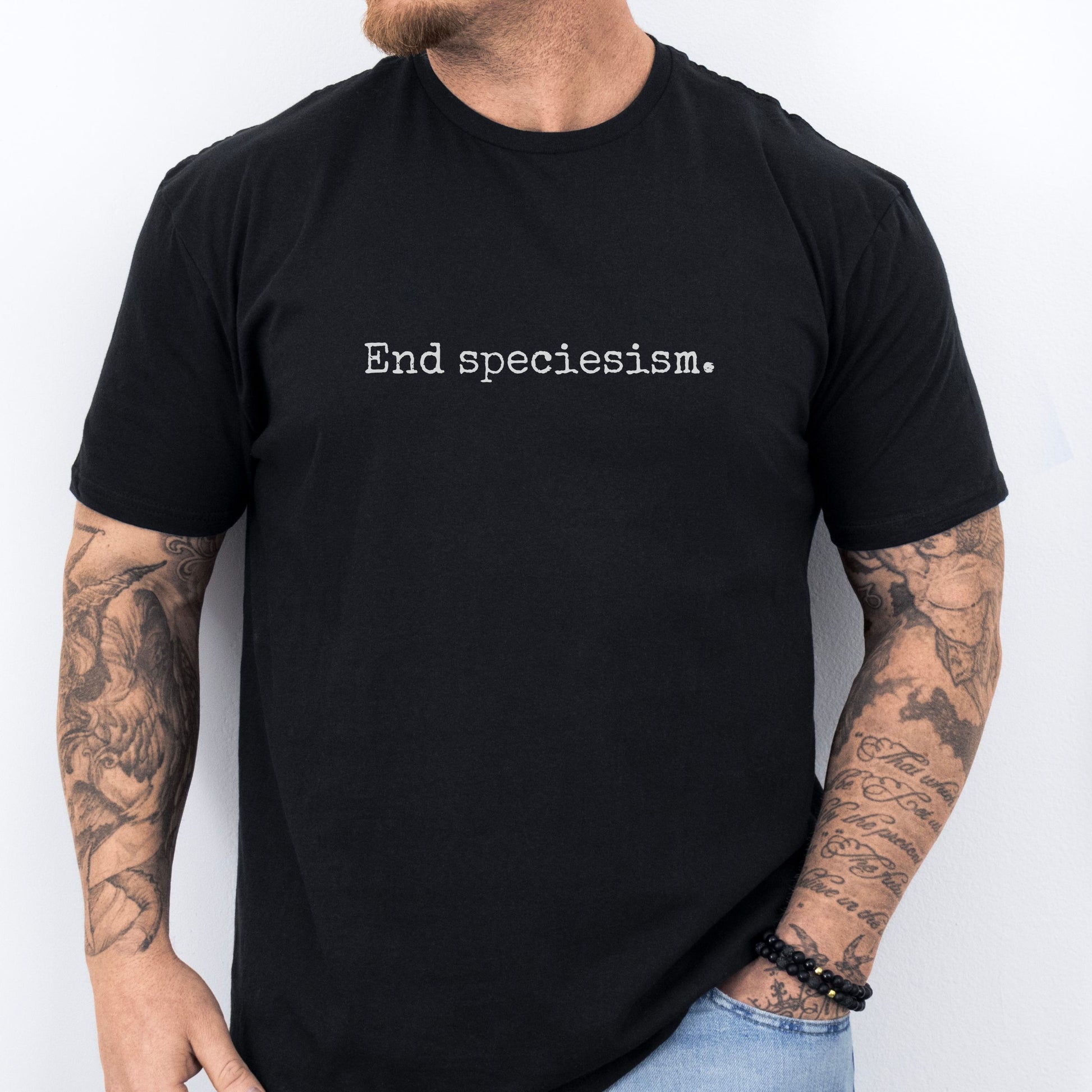 End speciesism black minimalist vegan tee shirt