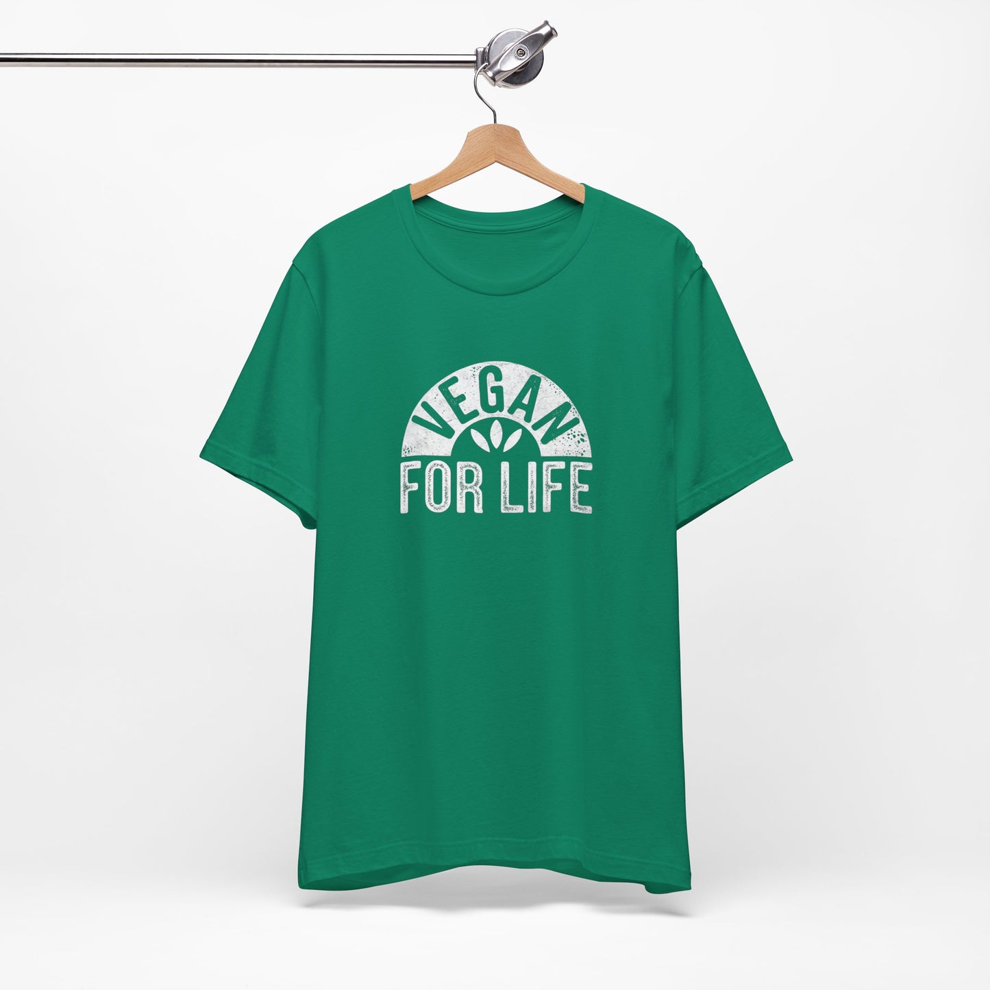 Green Vegan T-Shirt with distressed print on the front saying Vegan For Life