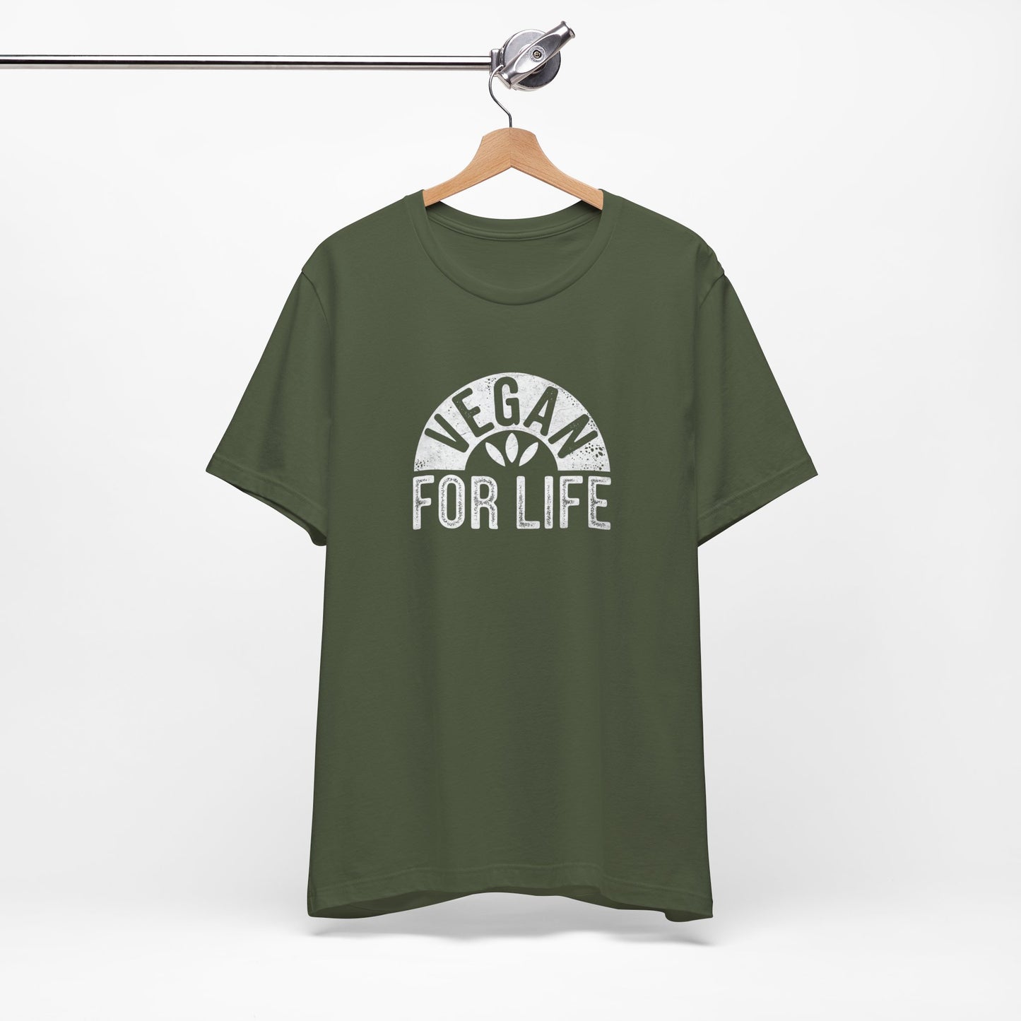 Military Green Vegan T-Shirt with Distressed Design and Slogan Vegan For Life