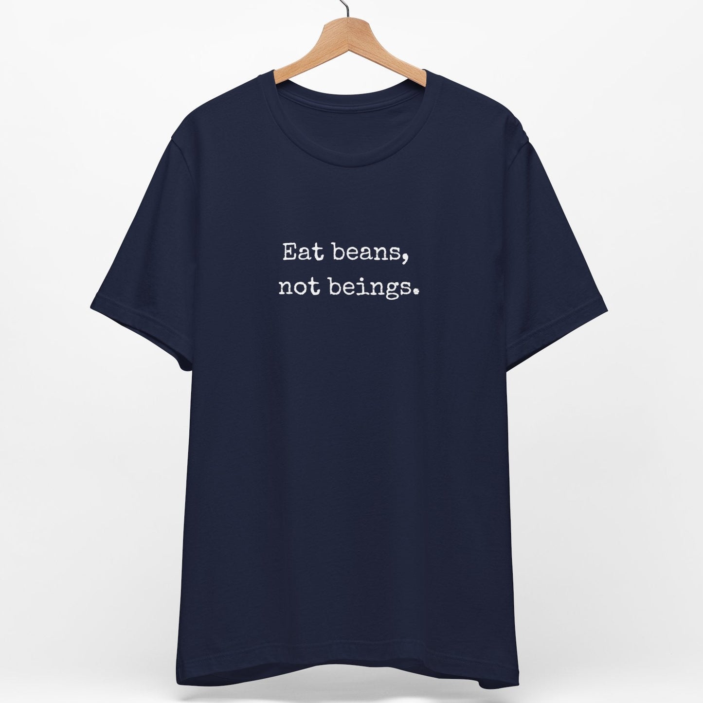 Navy blue vegan t shirt with the slogan Eat Beans Not Beings.