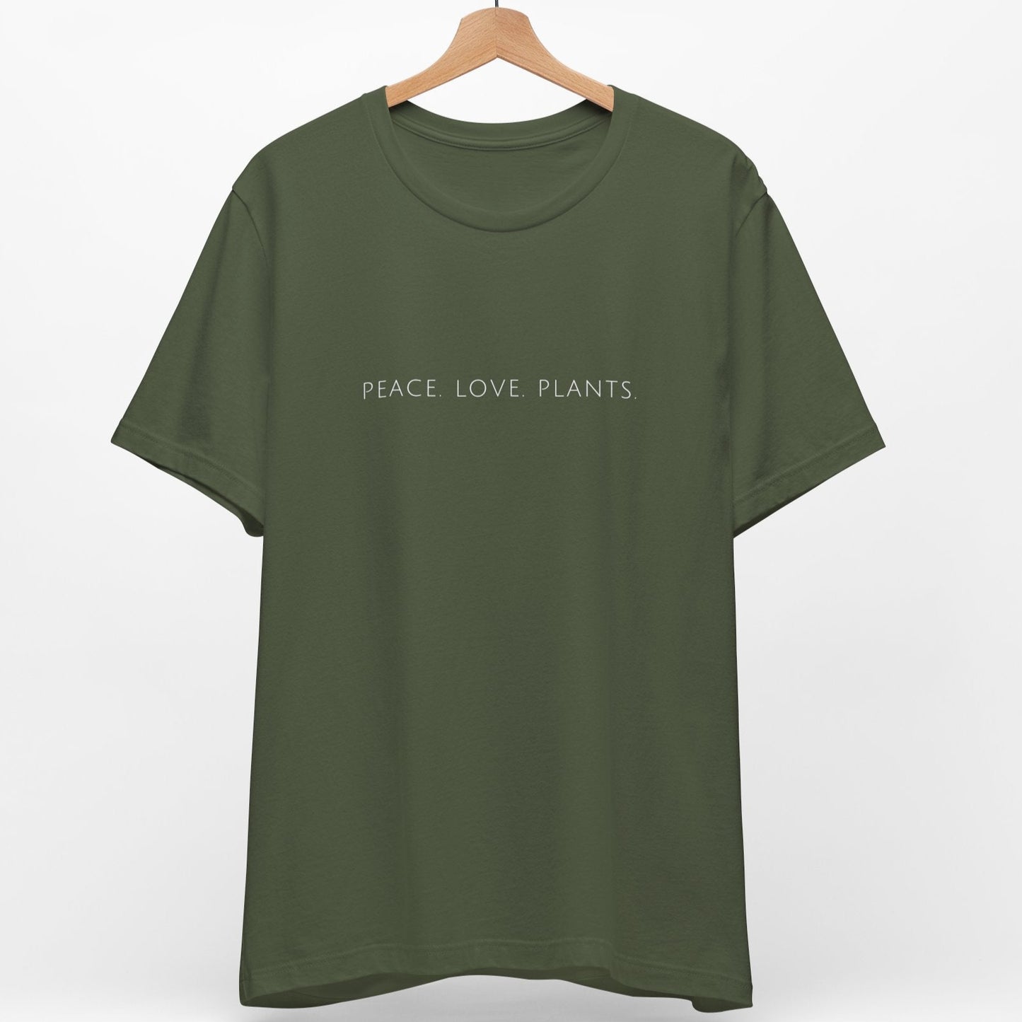 Khaki green vegan t-shirt with the slogan 'Peace Love Plants' written in a minimalist font.