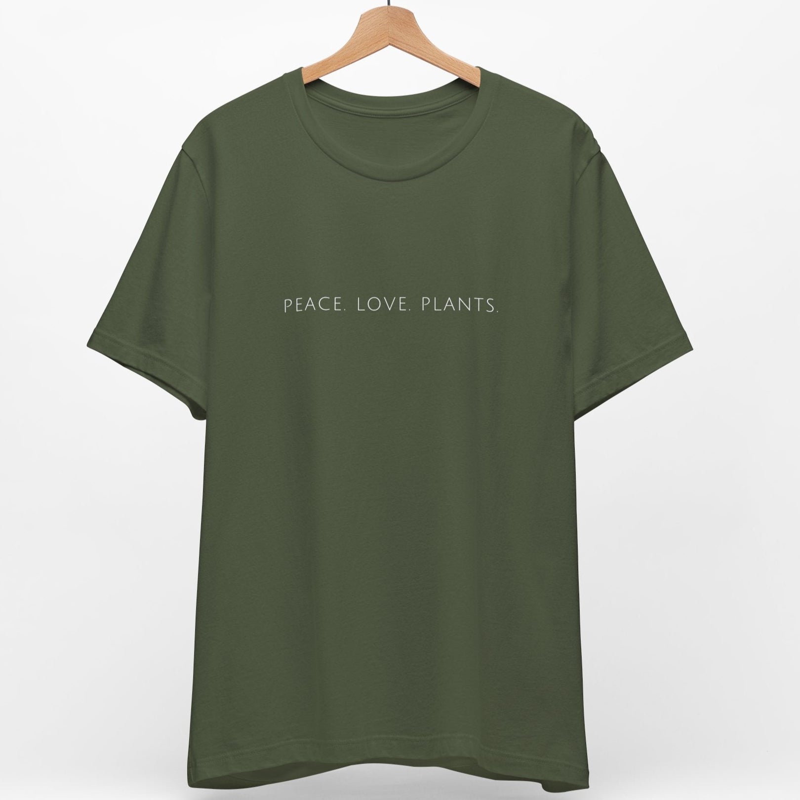 Khaki green vegan t-shirt with the slogan 'Peace Love Plants' written in a minimalist font.