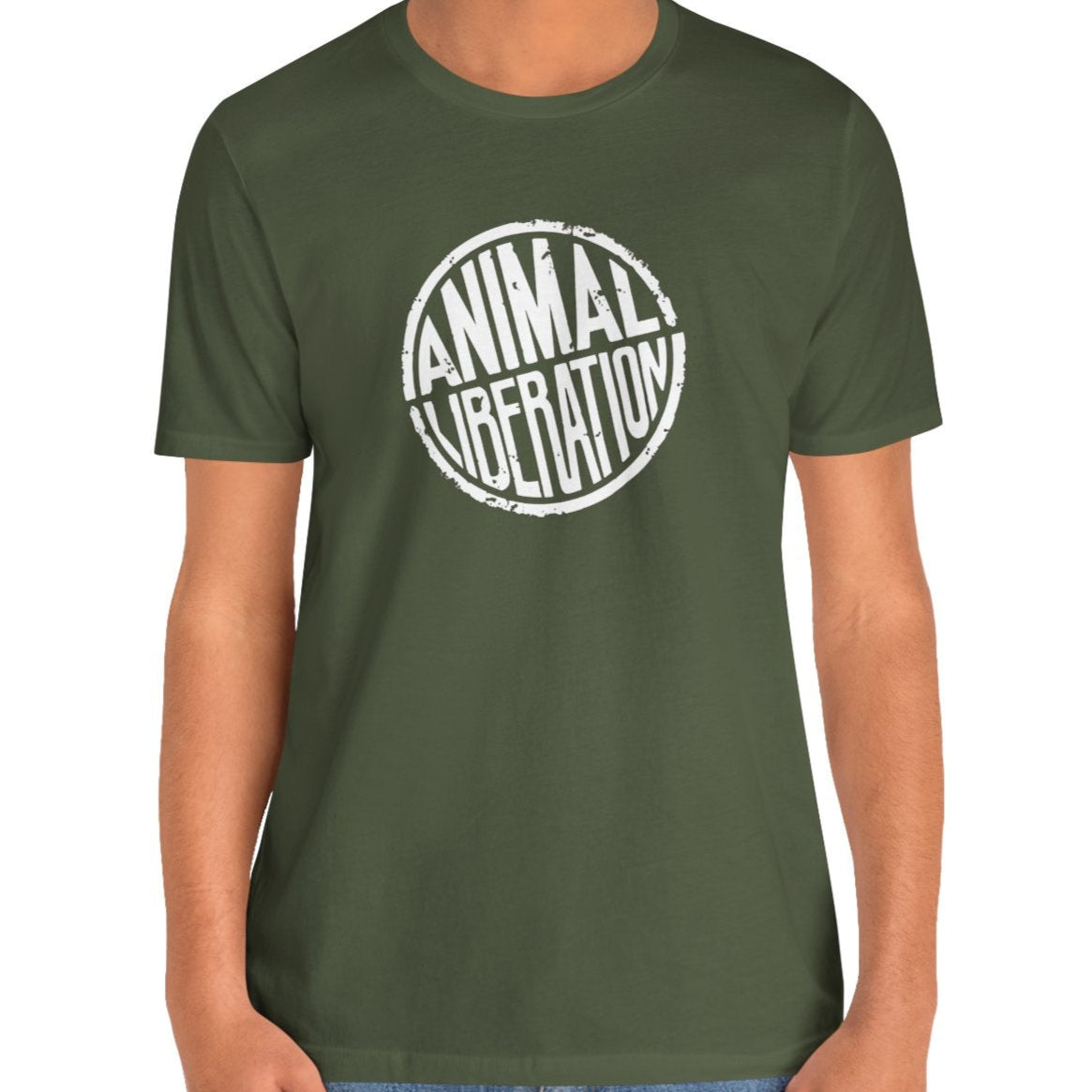 Khaki green t-shirt with circular Animal Liberation distressed design