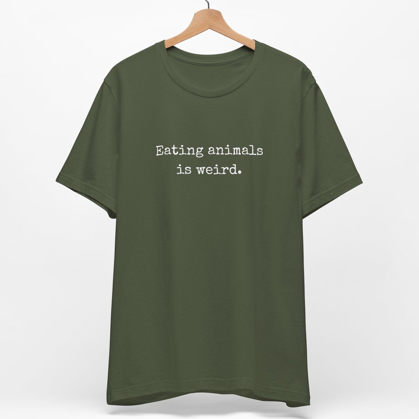 Eating animals is weird minimalist vegan t-shirt in typewriter font