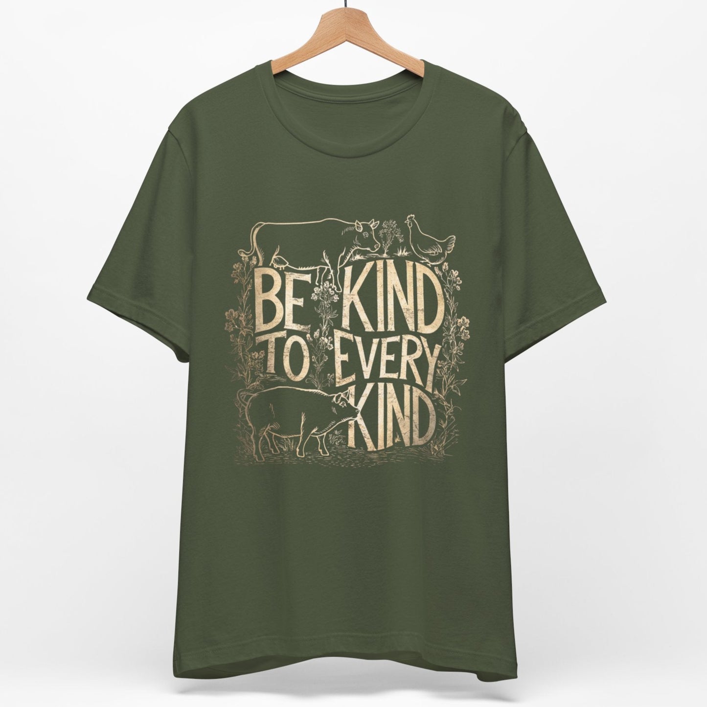 Be kind to every kind khaki green vegan t shirt with vintage distressed farm animals design