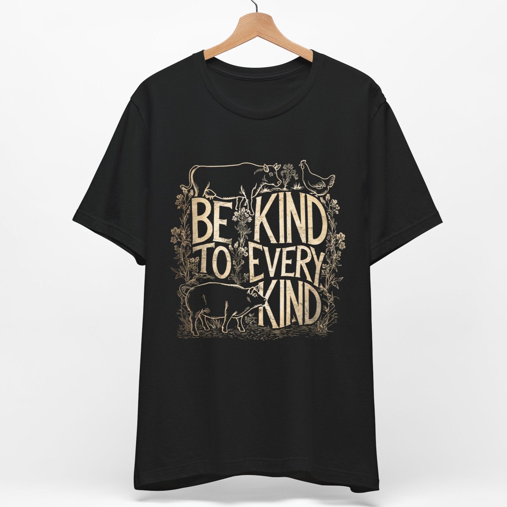 Be kind to every kind black vegan t shirt with farm animals design