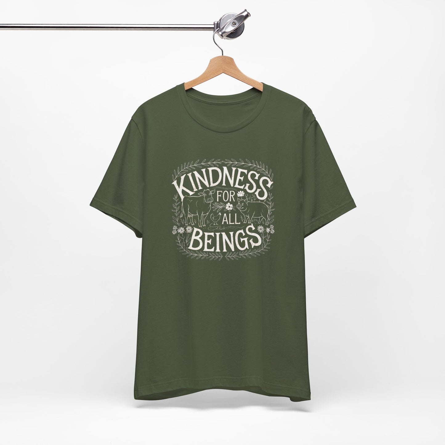 Kindness for all beings khaki vegan t-shirt.