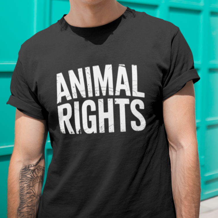 Man wearing a black animal rights t-shirt