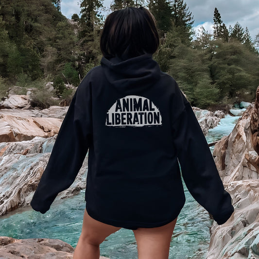 Black vegan hoodie with Animal Liberation back print 