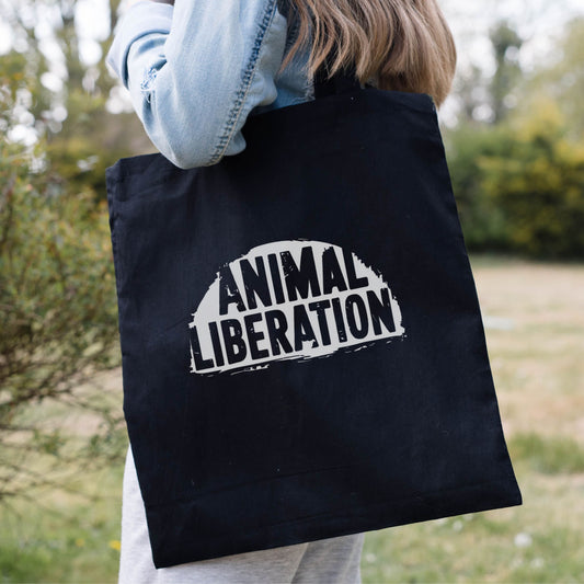 Black animal liberation tote bag for vegans and animal rights activists.