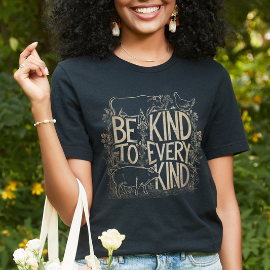 Black vegan t-shirt with farm animal graphics and the slogan 'Be Kind To Every Kind'