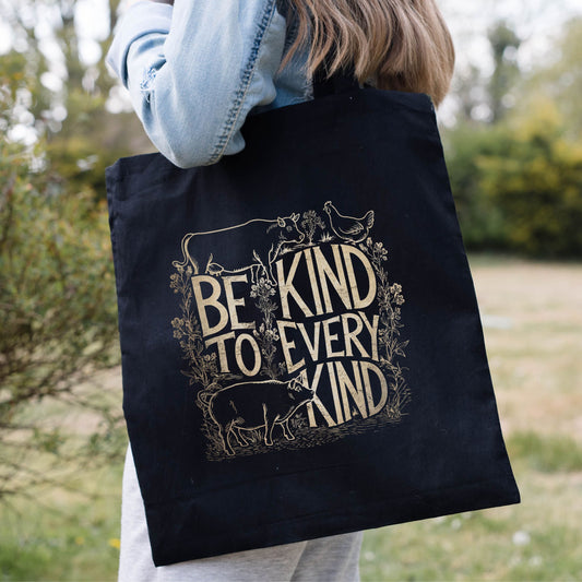 Black vegan tote bag with a picture of farm animals and the slogan 'be kind to every kind'
