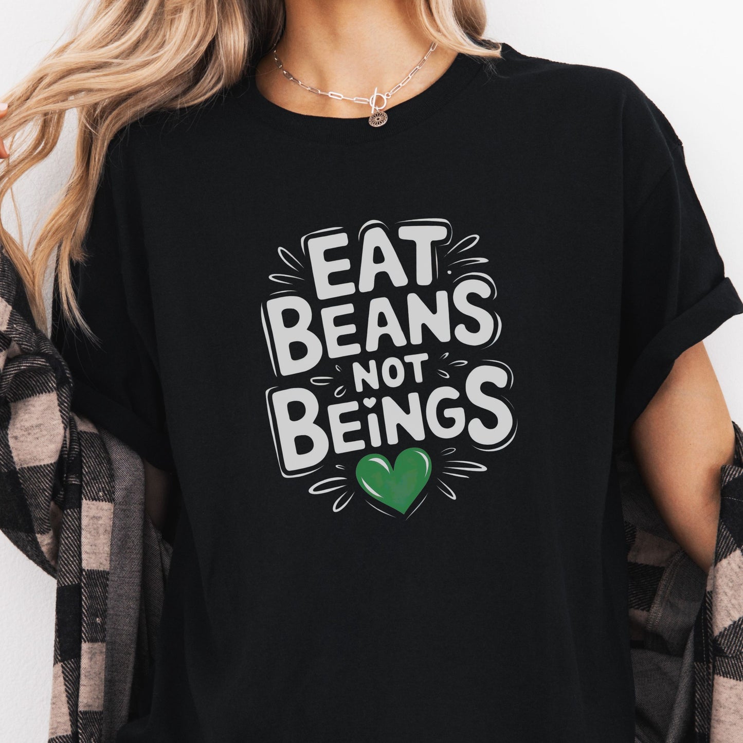 Eat beans not beings funny black vegan t-shirt