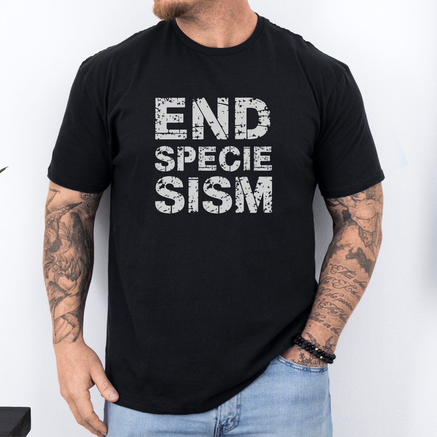 End speciesism vegan animal rights black t-shirt with bold white distressed design