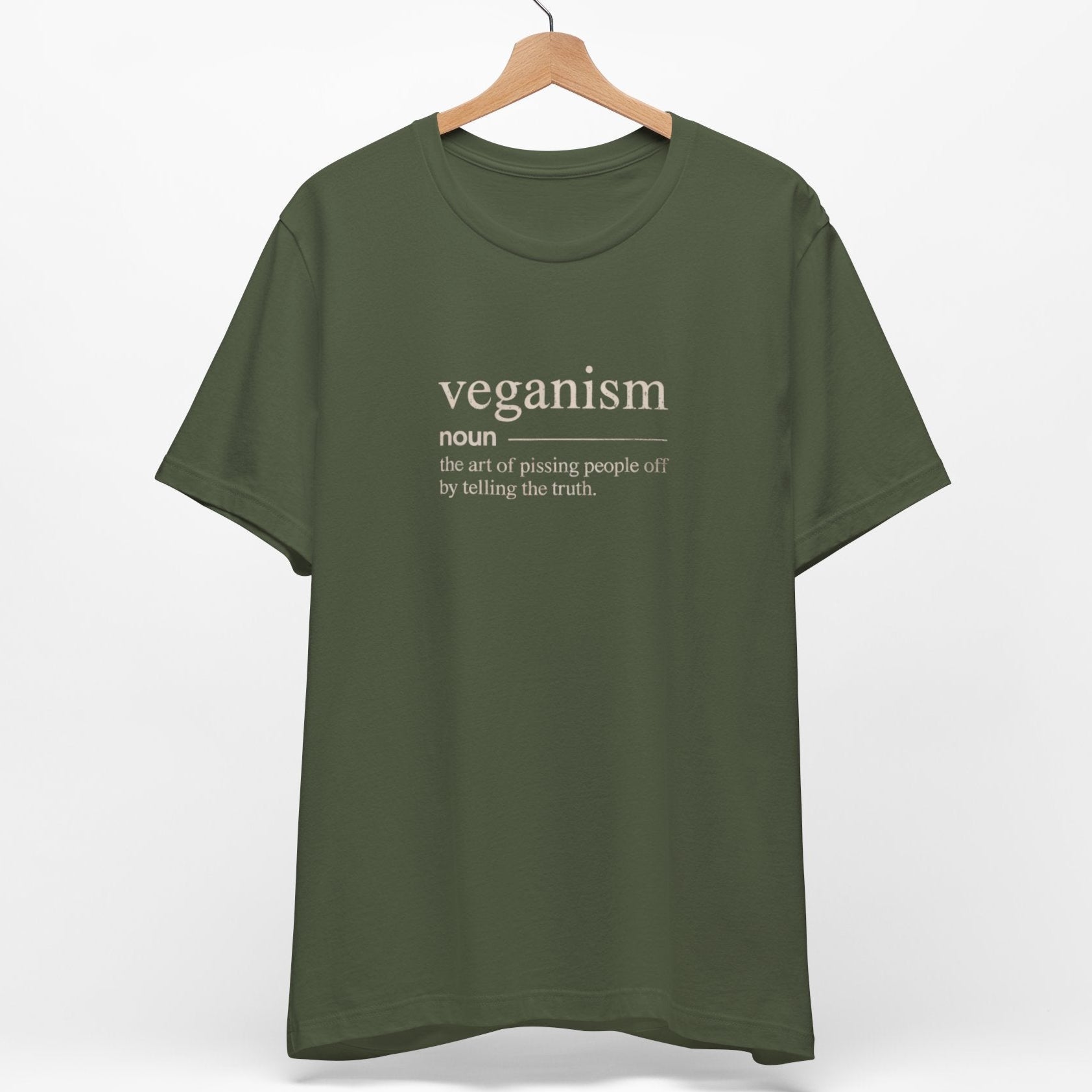 A funny khaki green vegan dictionary definition t shirt.