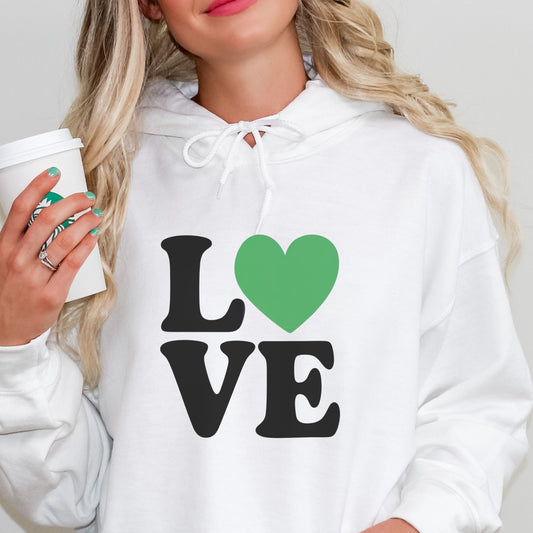 White vegan hoodie with the word LOVE and a green heart.