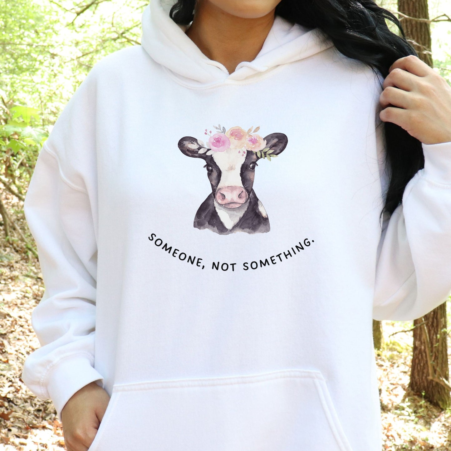 Someone not something white vegan hoodie with cow design