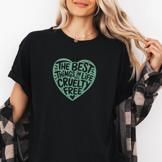 The best things in life are cruelty free black vegan vegetarian t shirt with green heart