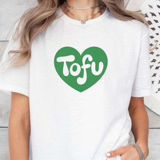 Tofu lover vegan t-shirt with green heart and the word tofu inside