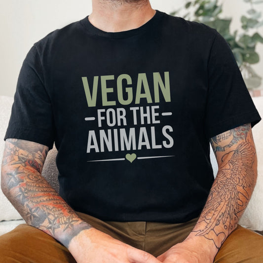 Black vegan t-shirt with the slogan 'vegan for the animals'