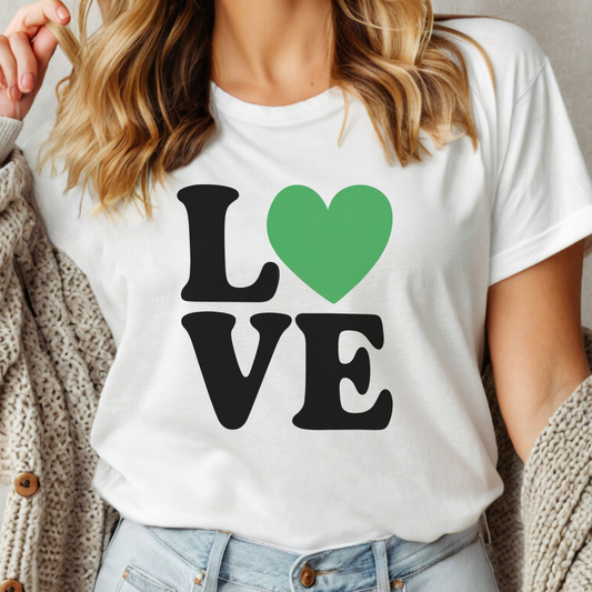 White t-shirt with 'LOVE' written on it, and a green heart