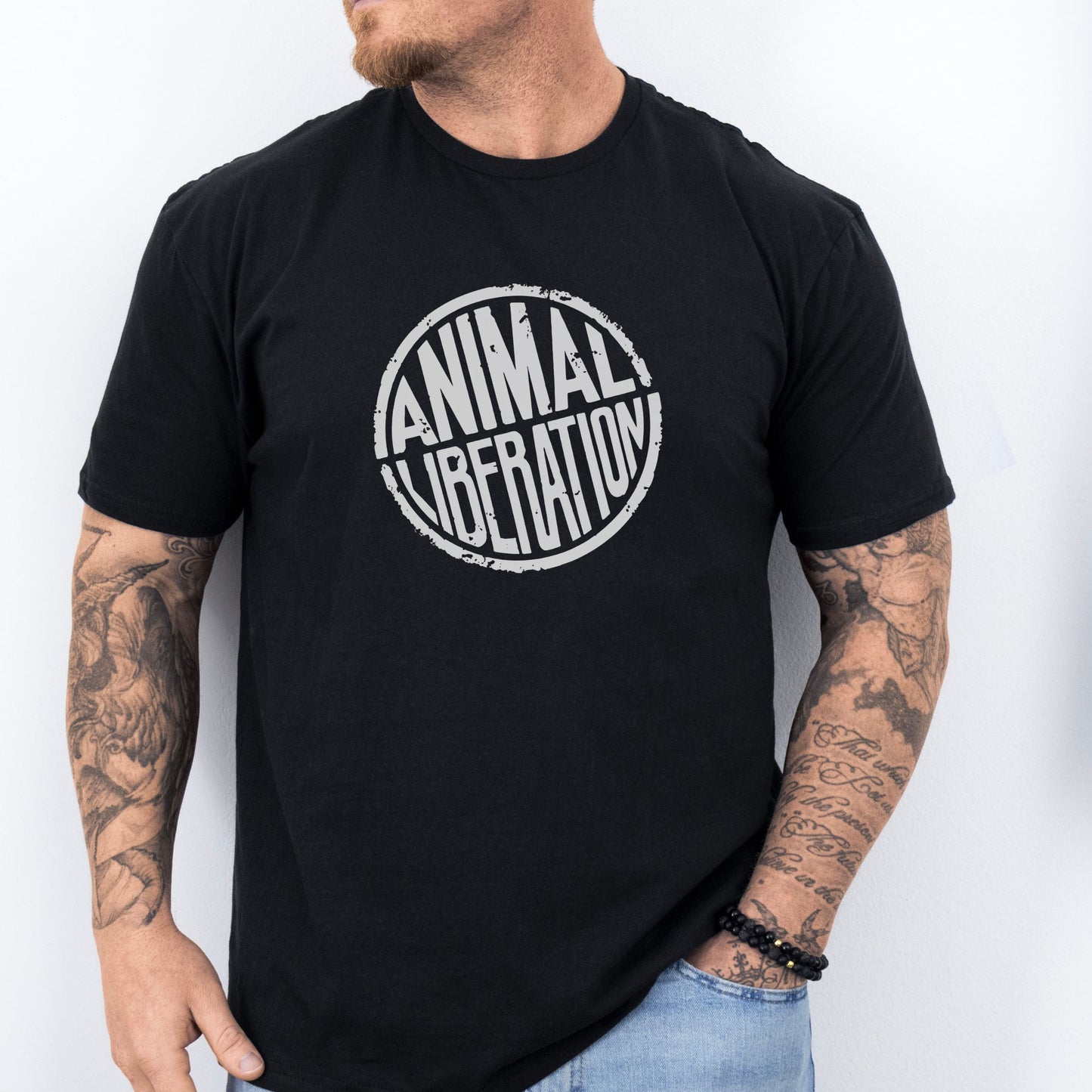 Black vegan animal rights  t-shirt with the slogan Animal Liberation.