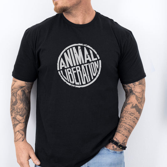 Black vegan animal rights  t-shirt with the slogan Animal Liberation.